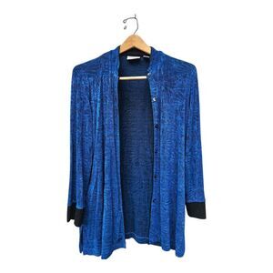 Vintage Chicos travelers Cardigan Women Size 1 Medium Blue Slinky Knit Made USA